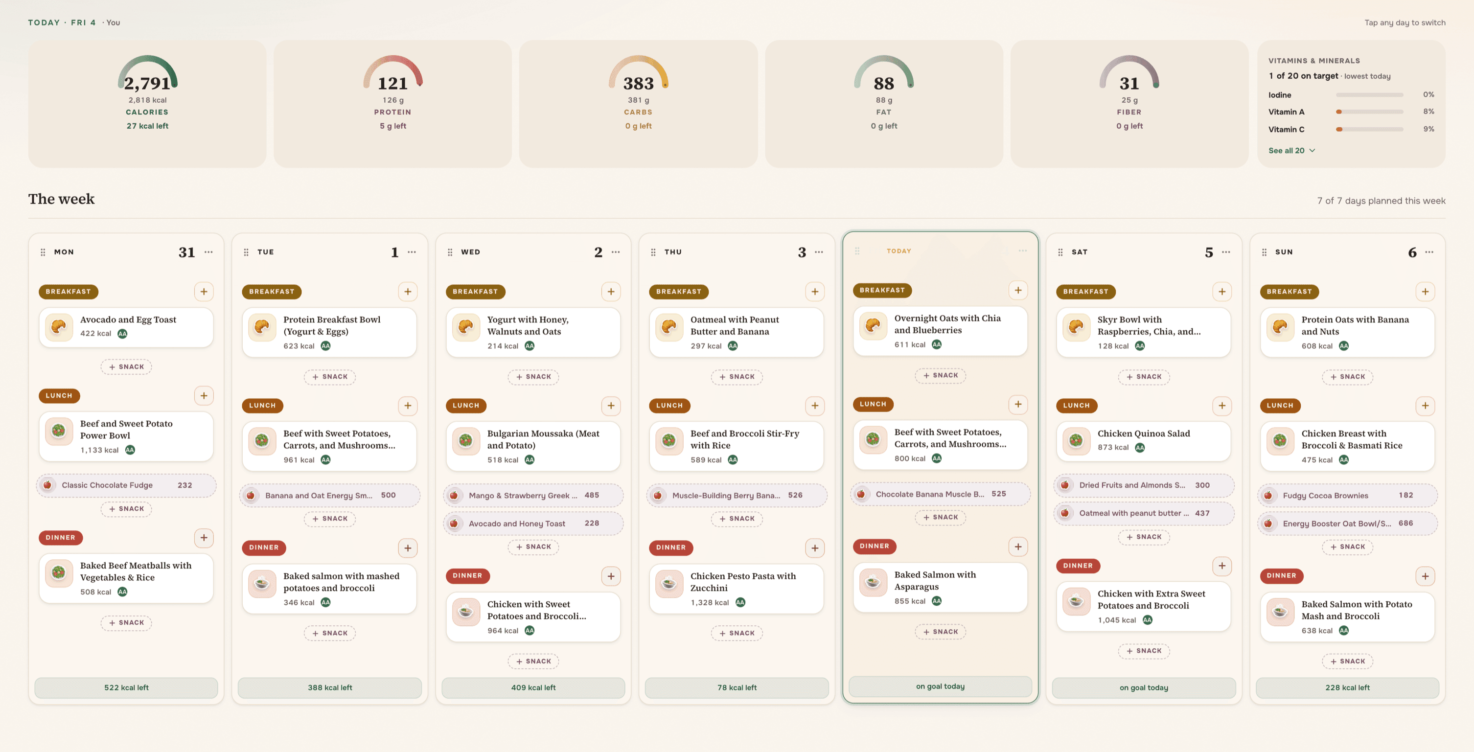 FlexiMeal weekly planning board — seven days of meals with gentle macro totals
